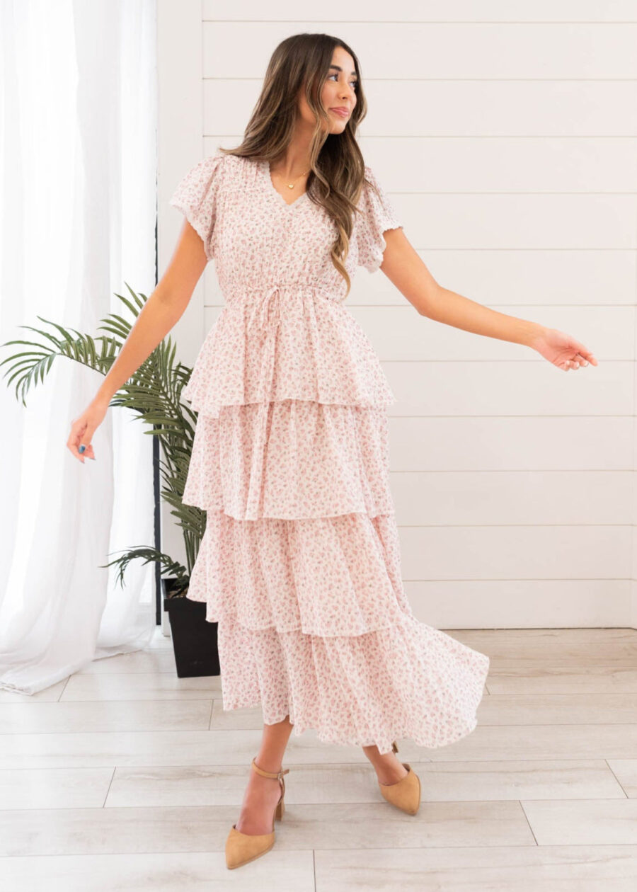 Mira Blush Rose Tiered Ruffle Dress