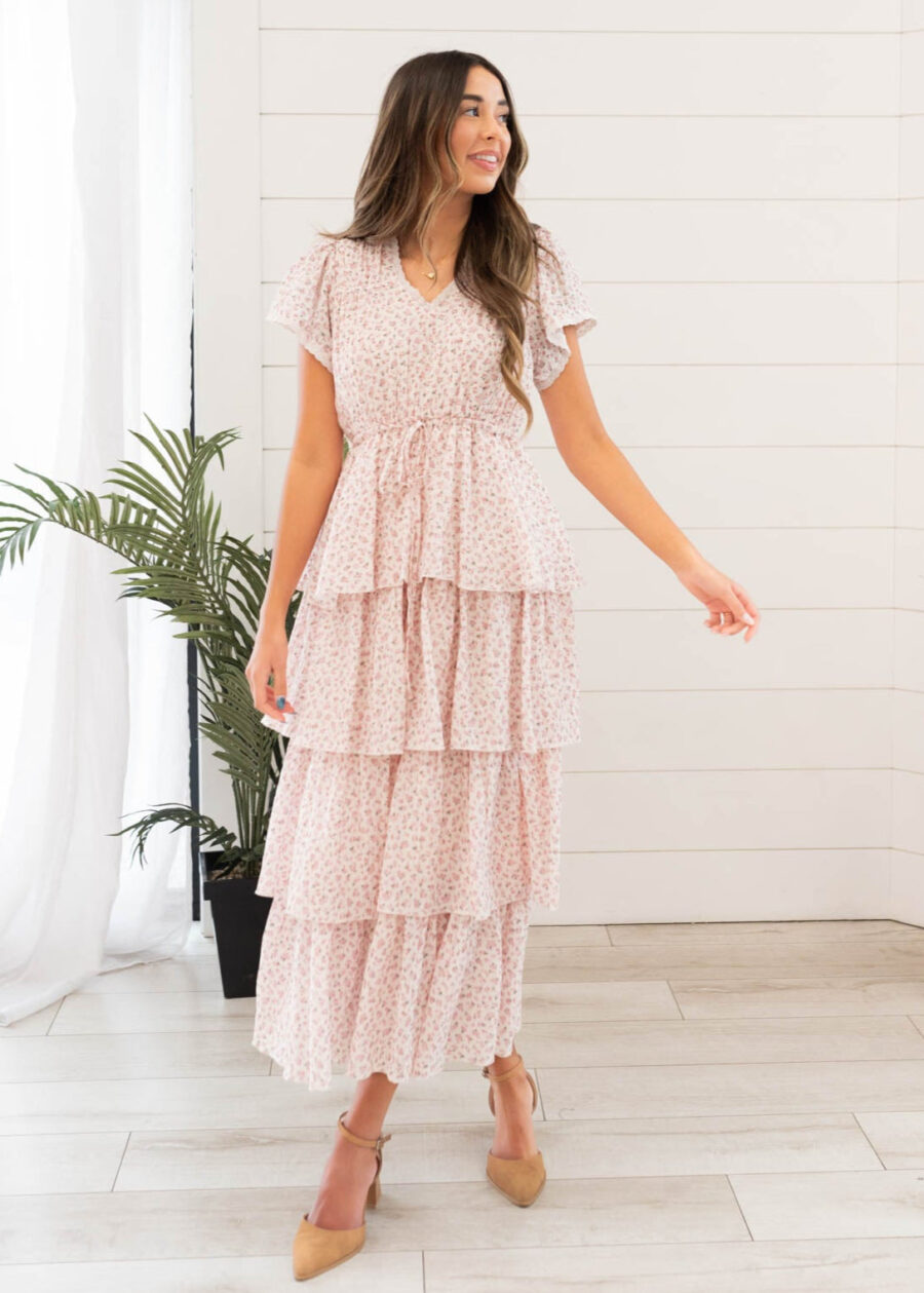 Mira Blush Rose Tiered Ruffle Dress