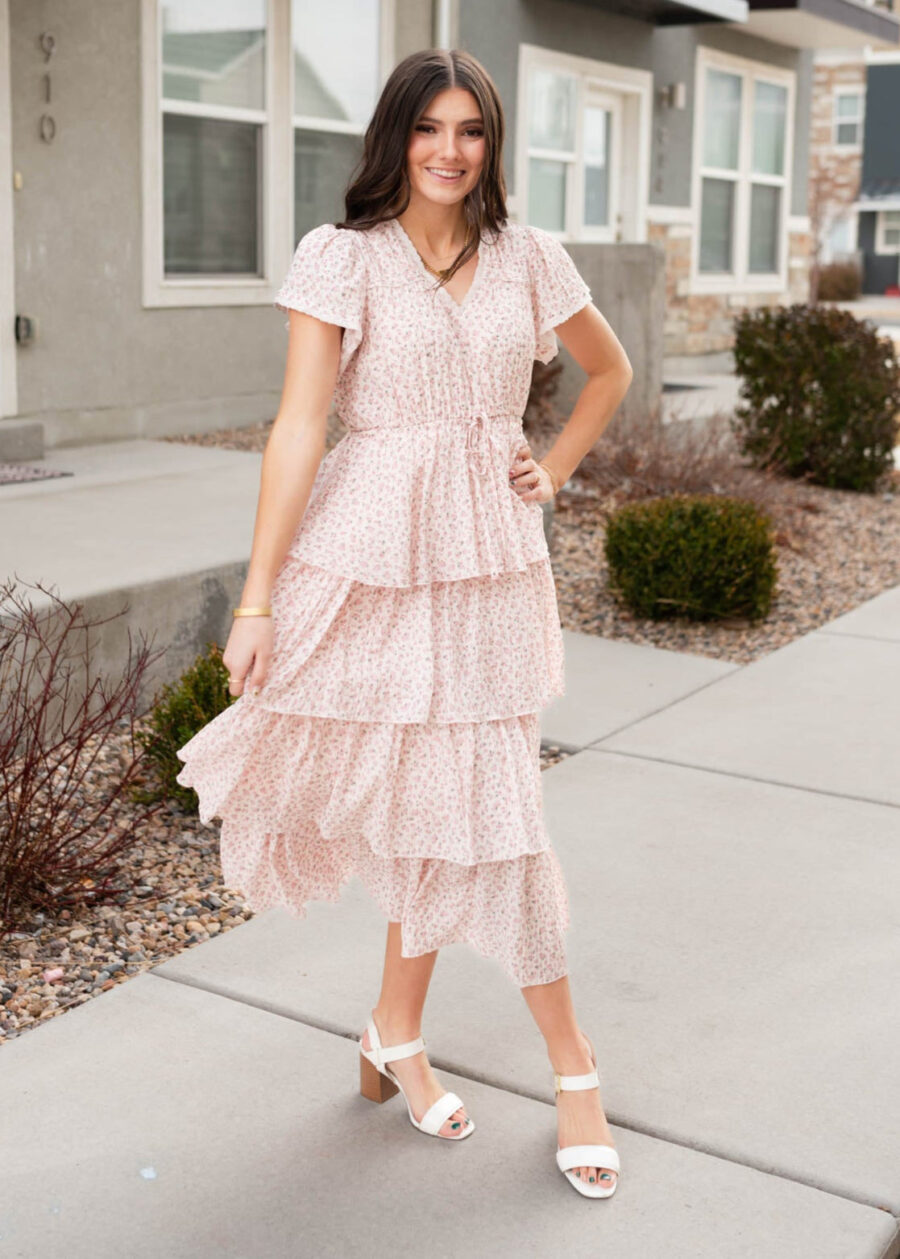 Mira Blush Rose Tiered Ruffle Dress