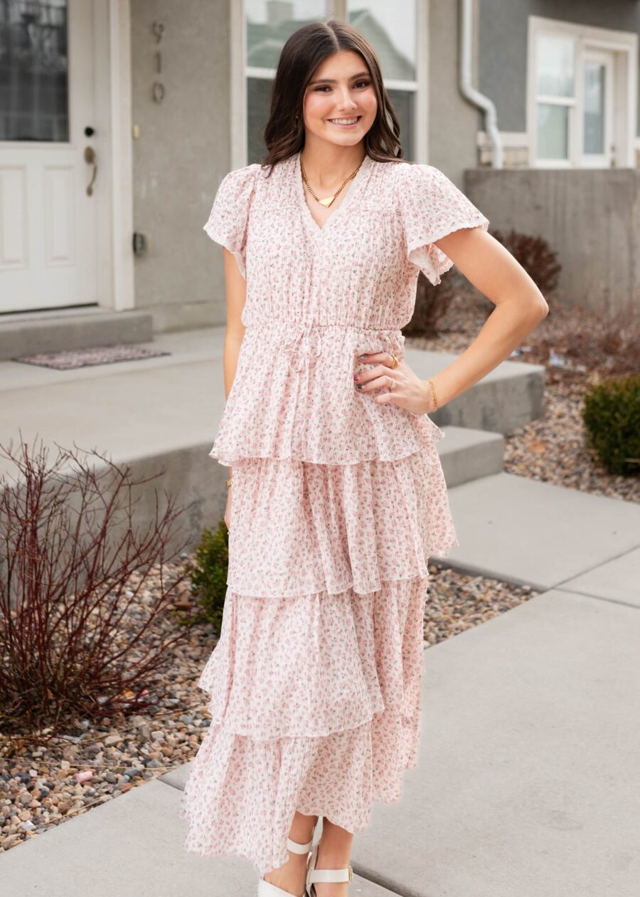 Mira Blush Rose Tiered Ruffle Dress
